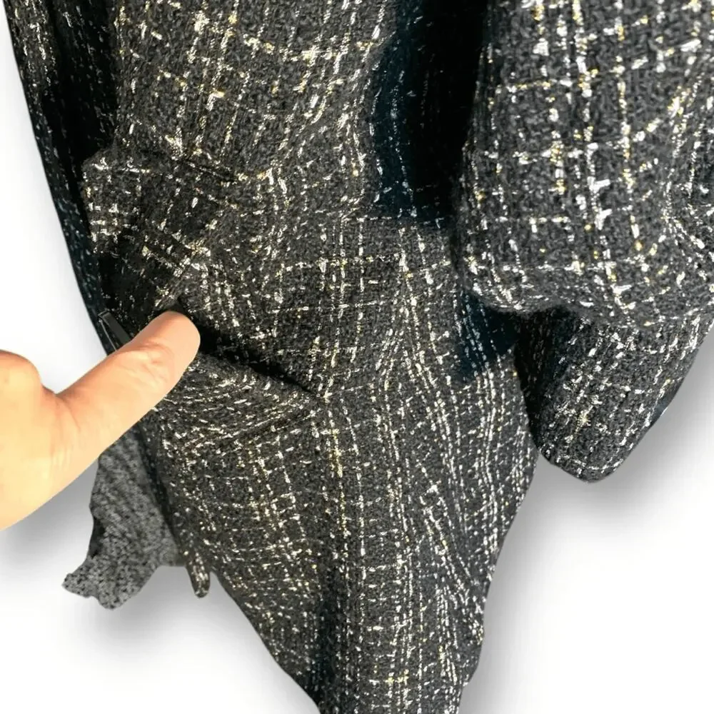 Hazel‎ Anthropologie Black White Tweed Coat Faux Fur Collar Puff Sleeves Small